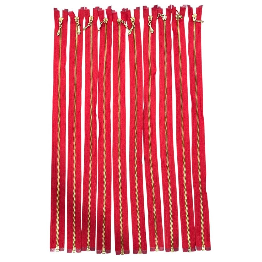 SET of 10 Gold & Tango Red Brass Separating Bottom Jacket Zipper - Sewing Coats